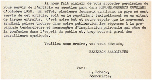 Lettre du 29 janvier 1959, rédigée par Léo Roback